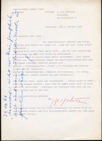 Korrespondenz von P. Jes Petersen an Otto Piene