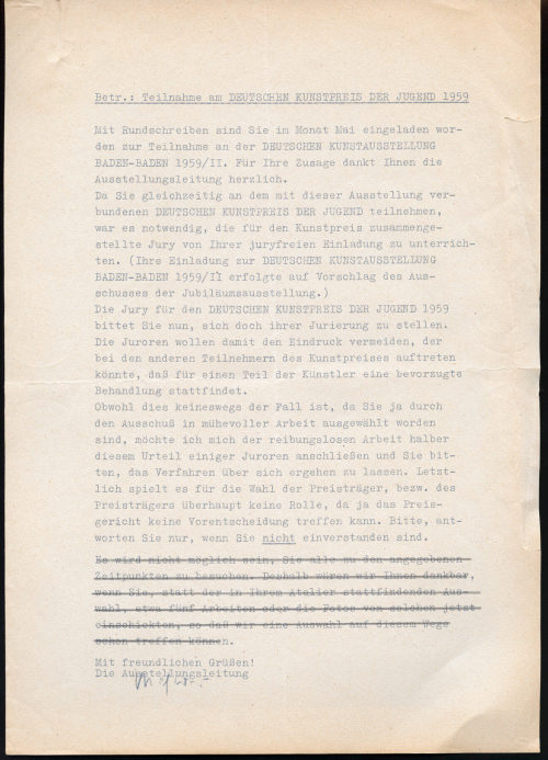 Otto Piene (Empfänger*in), Rundschreiben der Staatlichen Kunsthalle Baden-Baden, ??.??.1959