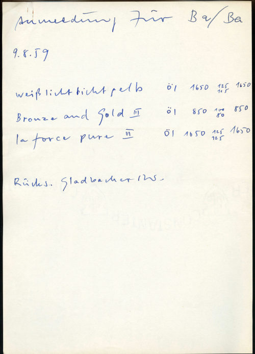 Otto Piene (Verfasser*in), Notiz / Werkliste von Otto Piene, 09.08.1959