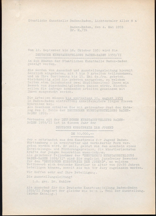 Staatliche Kunsthalle Baden-Baden (Absender*in), Korrespondenz von Staatliche Kunsthalle Baden-Baden an Otto Piene, 04.05.1959