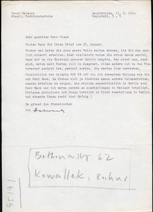 Oskar Holweck (Absender*in), Korrespondenz von Oskar Holweck an Otto Piene, 11.03.1960