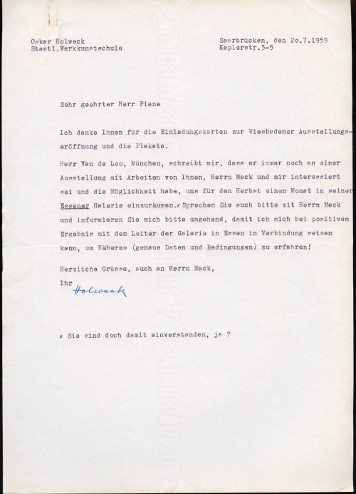 Oskar Holweck (Absender*in), Korrespondenz von Oskar Holweck an Otto Piene, 20.07.1959