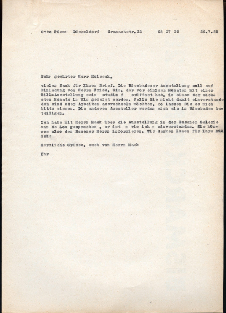 Korrespondenz von Otto Piene an Oskar Holweck