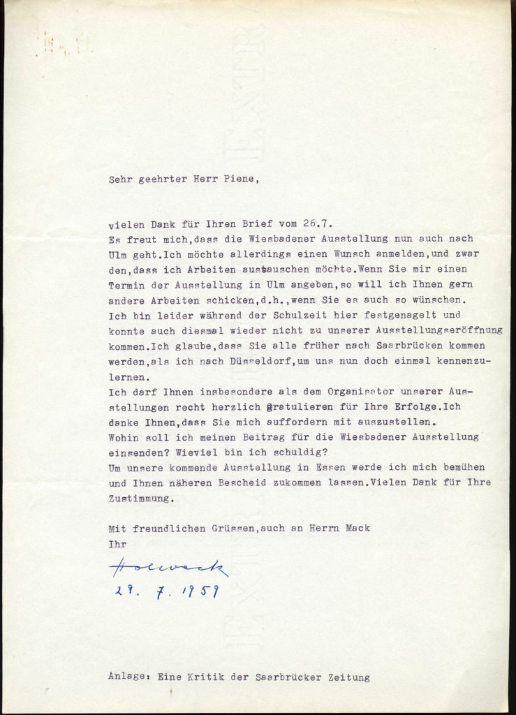 Korrespondenz von Oskar Holweck an Otto Piene.