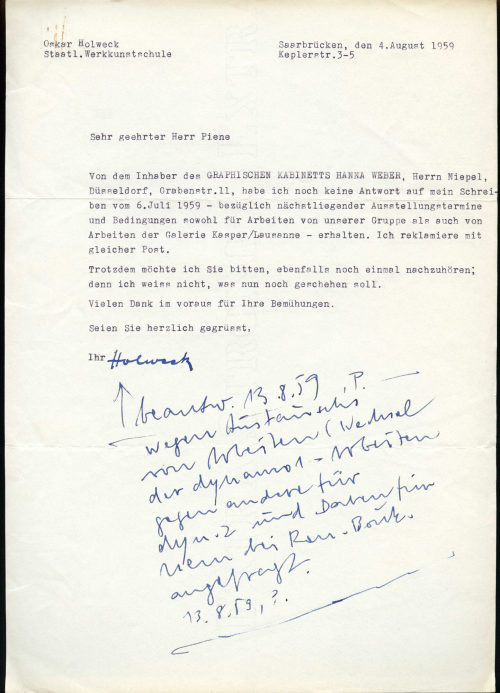 Oskar Holweck (Absender*in), Korrespondenz von Oskar Holweck an Otto Piene, 04.08.1959