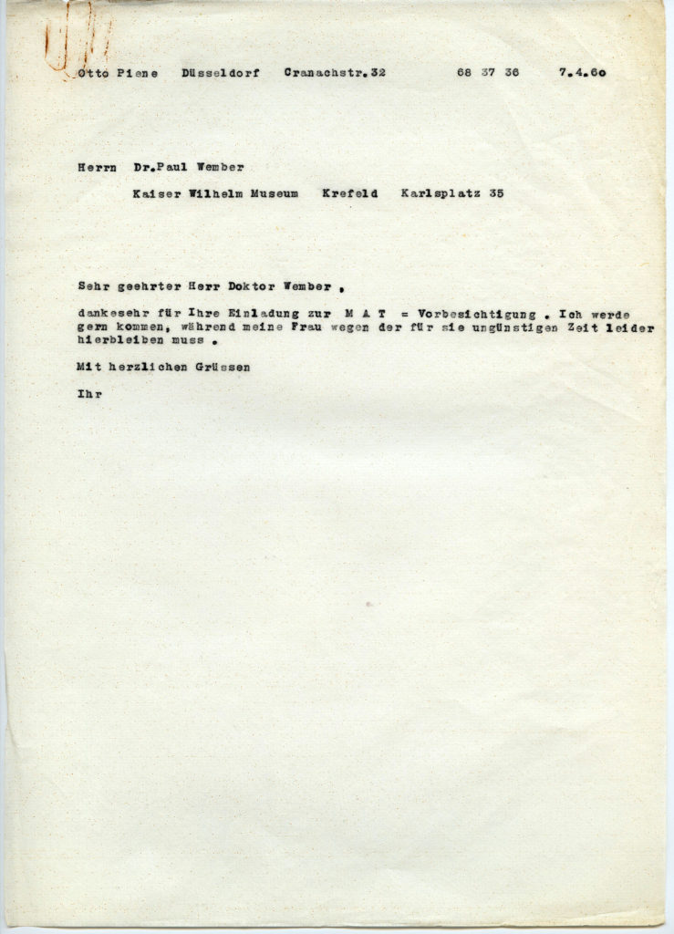 Korrespondenz von Otto Piene an Dr. Paul Wember