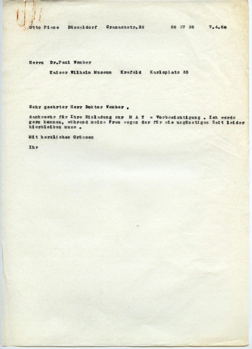 Otto Piene (Absender*in), Korrespondenz von Otto Piene an Dr. Paul Wember, 07.04.1960