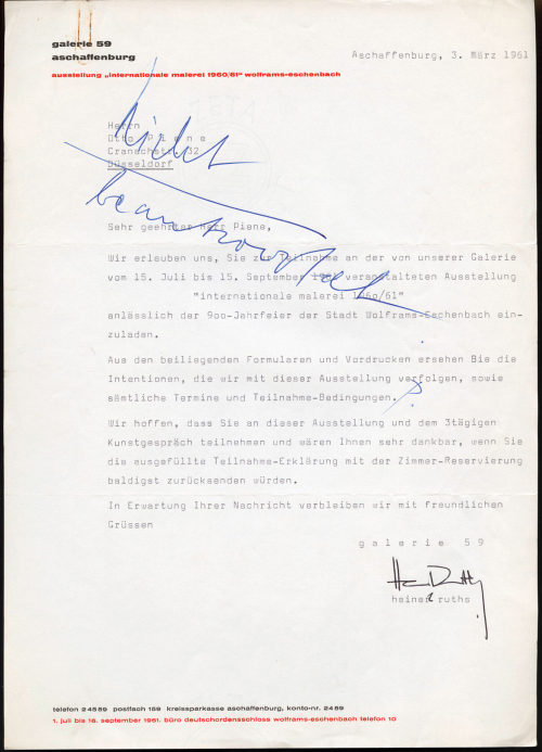 Galerie 59 Aschaffenburg (Absender*in), Korrespondenz von Galerie 59 an Otto Piene, 03.03.1961