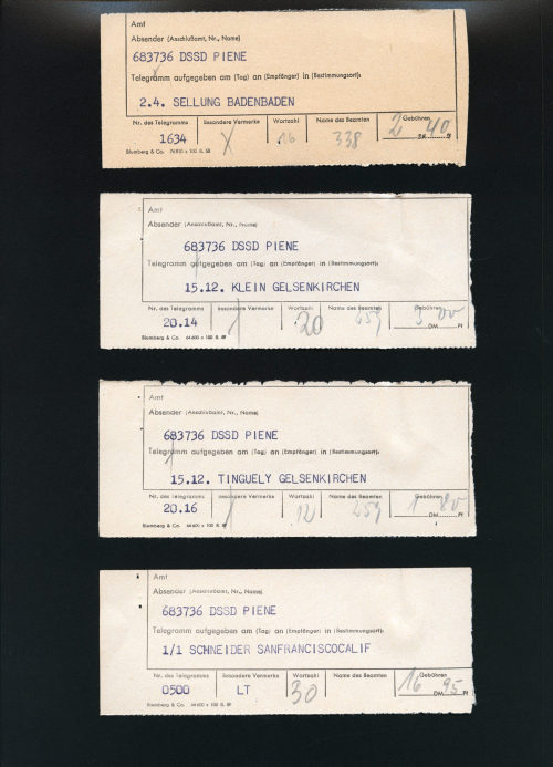 Otto Piene (Absender*in), Korrespondenzen von Otto Piene an [Günther] Sellung, [Yves] Klein, [Jean] Tinguely, [?] Schneider, 02.04.19??; 15.12.19??; 01.01.19??