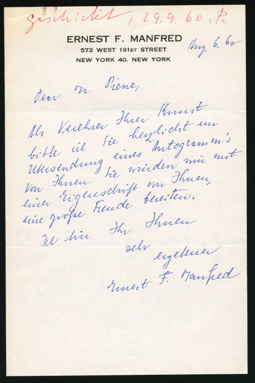 Ernest F. Manfred (Absender*in), Korrespondenz von Ernest F. Manfred an Otto Piene, 06.08.1960