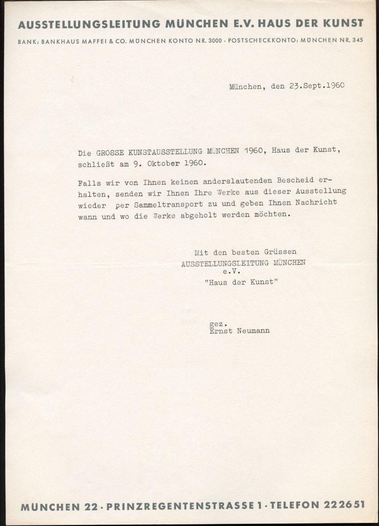 Korrespondenz von Ausstellungsleitung München e.V. Haus der Kunst an [Otto Piene]
