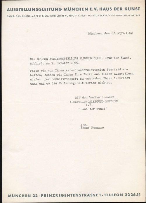 Ausstellungsleitung München e.V. Haus der Kunst (Absender*in), Korrespondenz von Ausstellungsleitung München e.V. Haus der Kunst an [Otto Piene], 23.09.1960