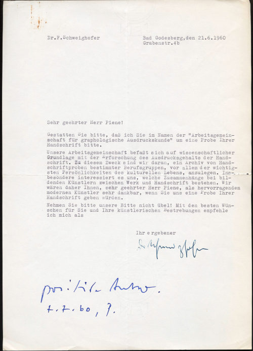 Fritz Schweighofer (Absender*in), Korrespondenz von [Fritz] Schweighofer an Otto Piene, 21.06.1960