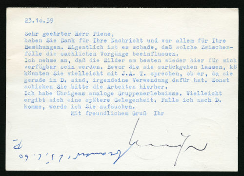 Otto Piene (Empfänger*in), Korrespondenz von Gerhard Georg Krüger an Otto Piene, 23.10.1959