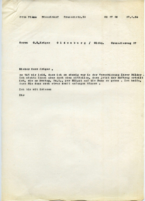 Otto Piene (Absender*in), Korrespondenz von Otto Piene an [Gerhard Georg] Krüger, 27.05.1960