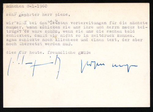 nota (Absender*in), Korrespondenz von nota an Otto Piene, 08.01.1960