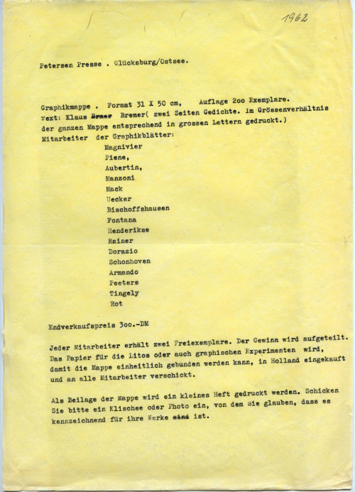 Korrespondenz von Petersen Presse an [Otto Piene], ??.??.1962