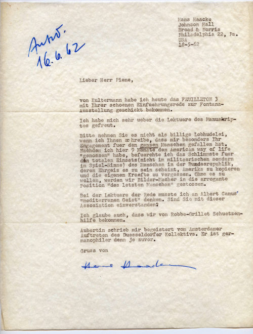 Hans Haacke (Absender*in), Korrespondenz von Hans Haacke an Otto Piene, 18.05.1962