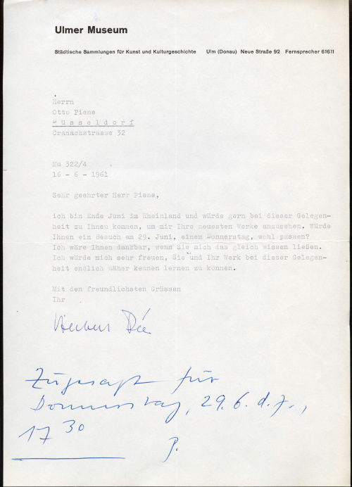 Dr. Herbert Pée (Absender*in), Korrespondenz von Ulmer Museum/Dr. Herbert Pée an Otto Piene, 16.06.1961