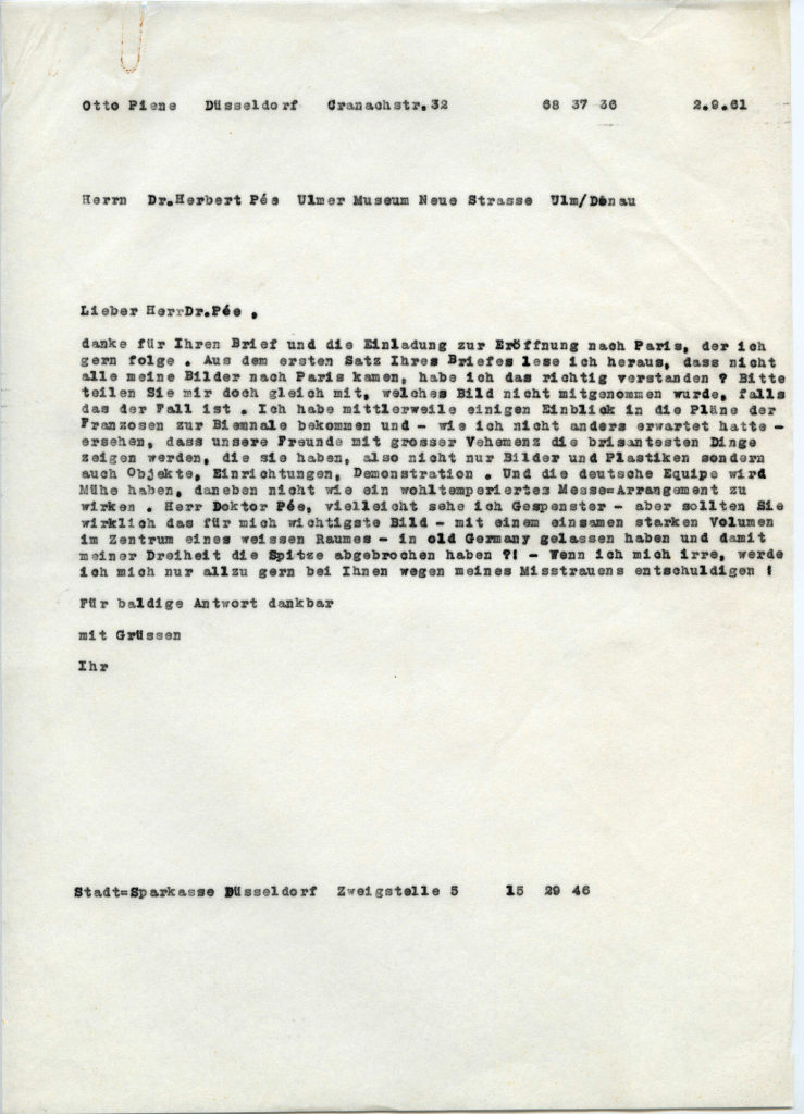 Korrespondenz von Otto Piene an Dr. Herbert Pée