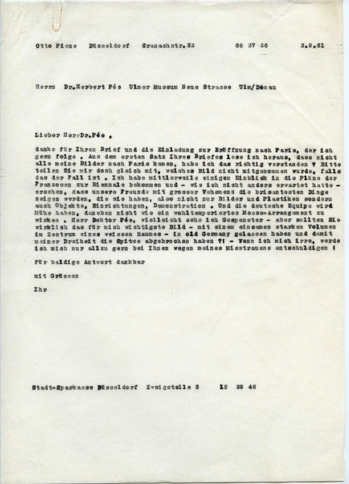 Otto Piene (Absender*in), Korrespondenz von Otto Piene an Dr. Herbert Pée, 02.09.1961