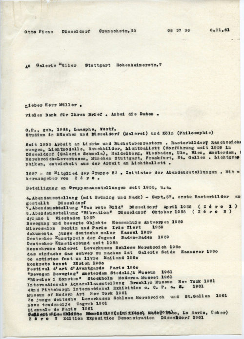 Otto Piene (Absender*in), Korrespondenz von Otto Piene an Galerie Müller, 08.11.1961