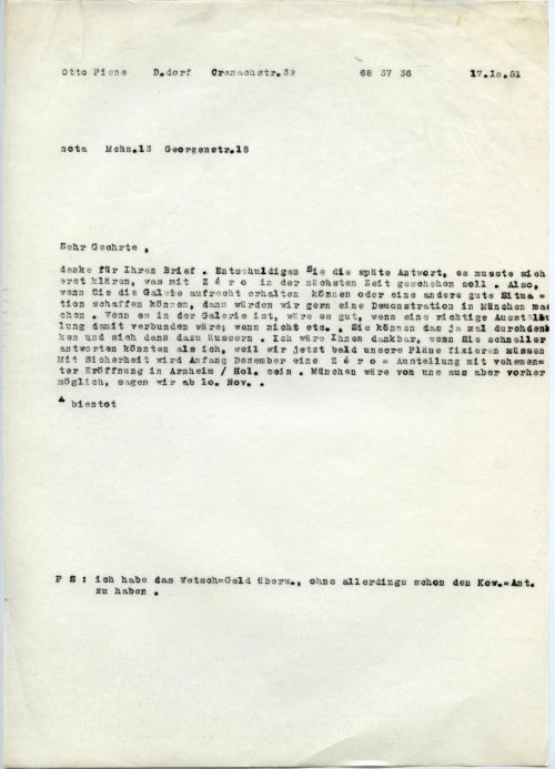 Otto Piene (Absender*in), Korrespondenz von Otto Piene an [Galerie] nota, 17.10.1961