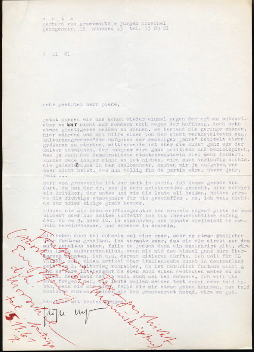 nota (Absender*in), Korrespondenz von [Galerie] nota an Otto Piene, 03.11.1961