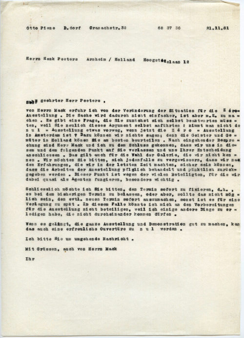 Otto Piene (Absender*in), Korrespondenz von Otto Piene an Henk Peeters, 21.11.1961