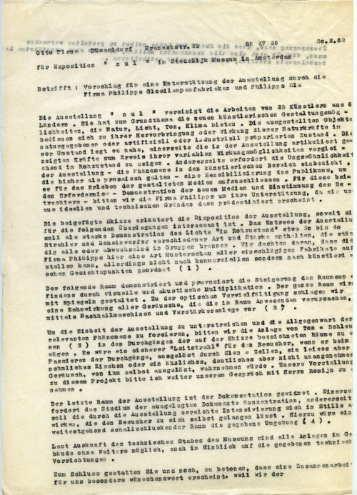 Otto Piene (Absender*in), Korrespondenz von Otto Piene an das Stedelijk Museum, 20.02.1962