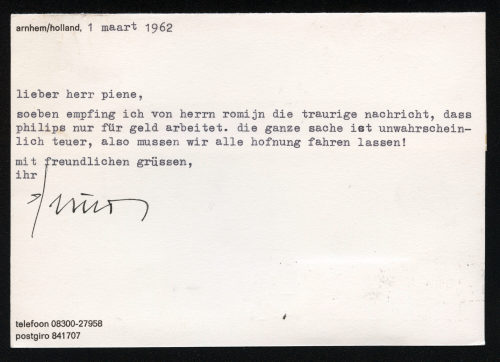 Henk Peeters (Absender*in), Korrespondenz von Henk Peeters an Otto Piene, 01.03.1962