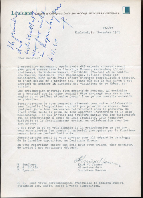 Korrespondenz von Louisiana Museum of Modern Art an [Otto Piene], 04.11.1961