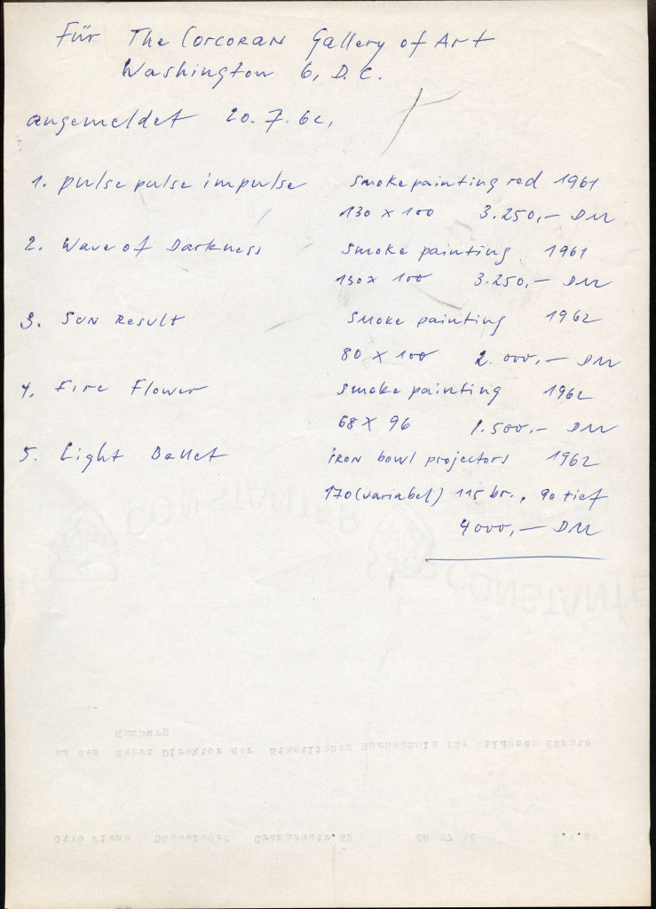 Werkliste von Otto Piene für The Corcoran Gallery of Art (Washington)