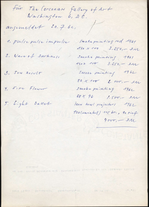 Otto Piene (Verfasser*in), Werkliste von Otto Piene für The Corcoran Gallery of Art (Washington), 20.07.1962