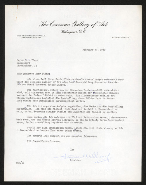 Otto Piene (Empfänger*in), Korrespondenz von The Corcoran Gallery of Art (Washington) an Otto Piene, 27.02.1962
