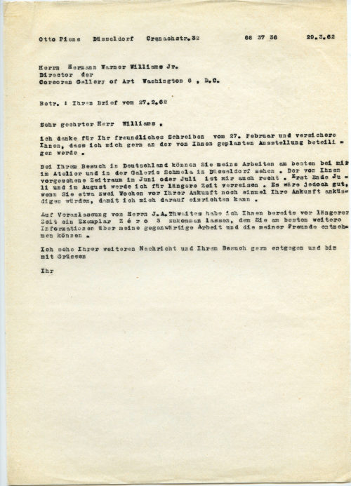 Otto Piene (Absender*in), Korrespondenz von Otto Piene an Hermann Warner Williams Jr. [Bill] Corcoran (The Corcoran Gallery of Art, Washington), 29.03.1962