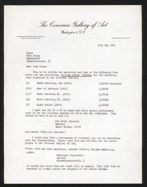 Otto Piene (Empfänger*in), Korrespondenz von The Corcoran Gallery of Art  (Washington) an Otto Piene, 20.07.1962