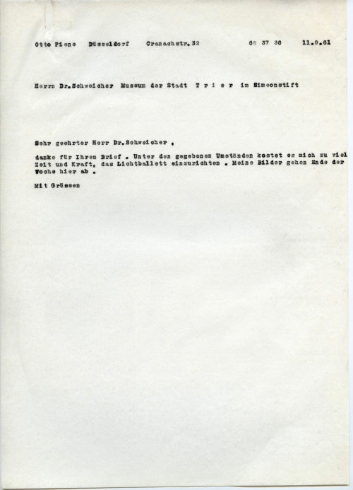 Otto Piene (Absender*in), Korrespondenz von Otto Piene an Dr. [Curt] Schweicher, Museum der Stadt Trier, 11.09.1961