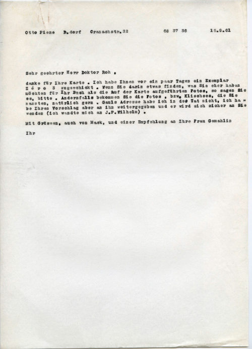 Otto Piene (Absender*in), Korrespondenz von Otto Piene an [Franz] Roh, 15.09.1961