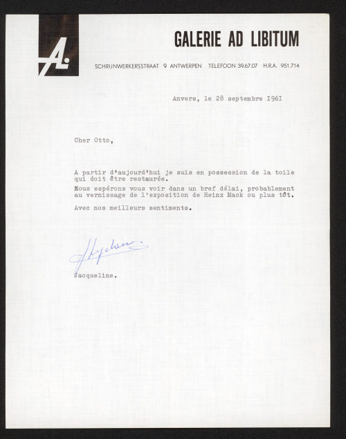 Galerie ad Libitum (Absender*in), Korrespondenz von Galerie Ad Libitum an Otto Piene, 28.09.1961