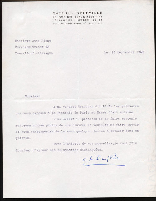 Otto Piene (Empfänger*in), Korrespondenz von Galerie Neufville an Otto Piene, 26.09.1961