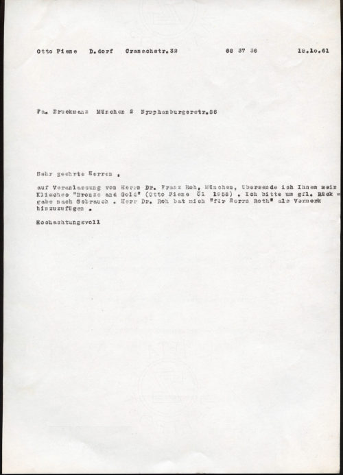 Otto Piene (Absender*in), Korrespondenz von Otto Piene an Fa. Bruckmann, 18.10.1961