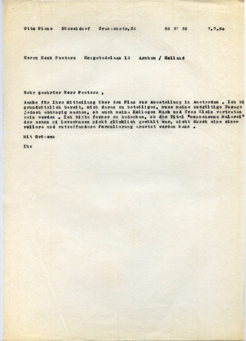 Otto Piene (Absender*in), Korrespondenz von Otto Piene an Henk Peeters, 07.07.1960