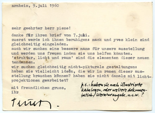 Henk Peeters (Absender*in), Korrespondenz von Henk Peeters an Otto Piene, 09.07.1960