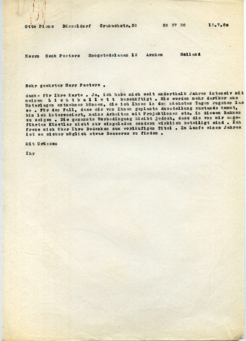 Otto Piene (Absender*in), Korrespondenz von Otto Piene an Henk Peeters, 15.07.1960