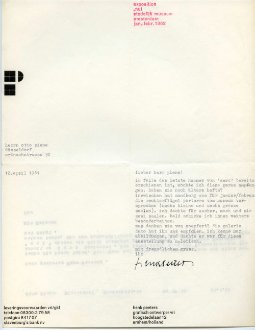 Henk Peeters (Absender*in), Korrespondenzen von Henk Peeters an Otto Piene und von Otto Piene an Henk Peeters, 12.04.1961, 24.04.1961