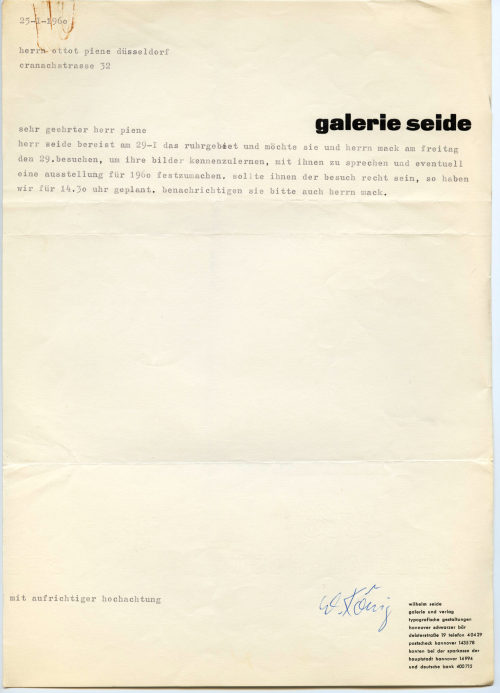 Galerie Seide (Absender*in), Korrespondenz von Galerie Seide an Otto Piene, 25.01.1960