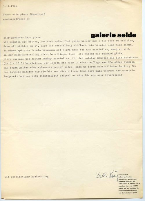 Galerie Seide (Absender*in), Korrespondenz von Galerie Seide an Otto Piene, 03.02.1960