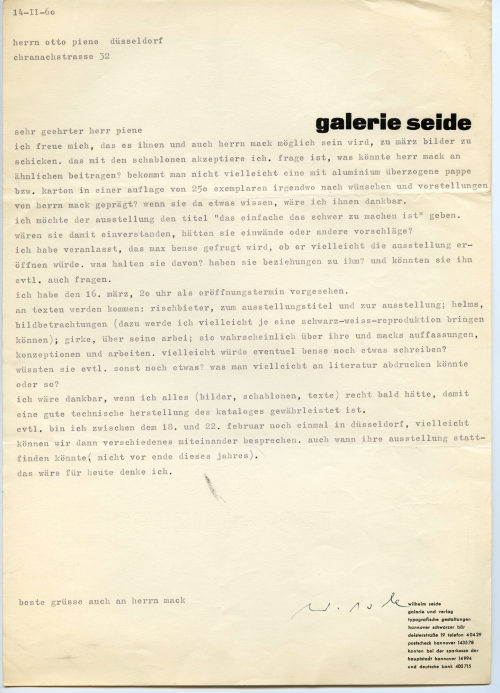 Galerie Seide (Absender*in), Korrespondenz von Galerie Seide an Otto Piene, 14.02.1960