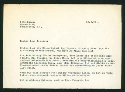 Otto Piene (Absender*in), Korrespondenz von Otto Piene an Klaus Jürgen Fischer, 13.03.1958